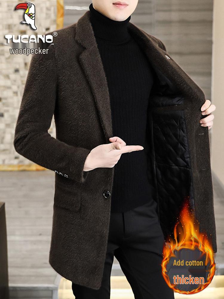 Мужской шерстяной тренч средней длины - Золотистый соболиный бархат, Утепленный, Зимний, с воротником