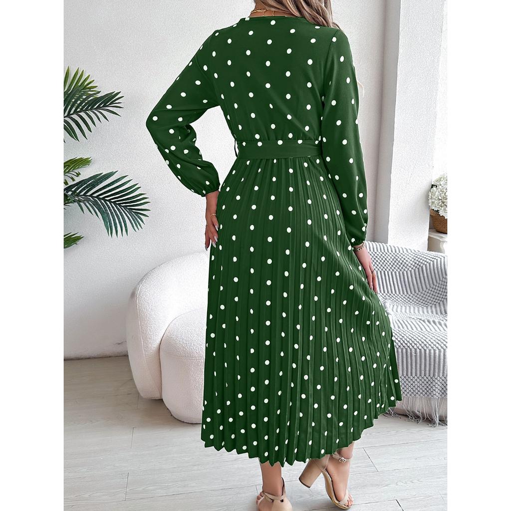 GMXIA Autumn and Winter Elegant Contrasting Polka Dot Cross V-neck Pleated Long Dress Women's Wear