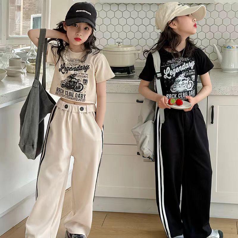 Модный летний костюм-двойка для девочек 2024 года: Стильный топ с короткими рукавами и повседневные брюки