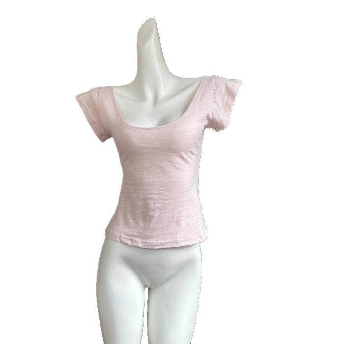 Розовая футболка из бамбукового хлопка с U-образным вырезом, облегающего кроя, с короткими рукавами для женщин - Летний корейский стиль