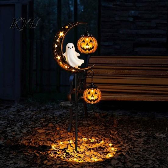 Decorative Stakes for Flower Beds Solar Halloween White Ghost Pumpkin Moon Garden Stake Light, Waterproof LED Glowing Landscape Lights Yard