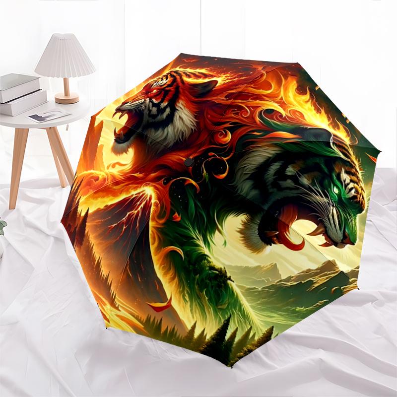 1pc Flaming and Verdant Tiger Pattern Automatic Umbrella is Fashionable and Good-Looking, Suitable for Travel and Daily UseW044