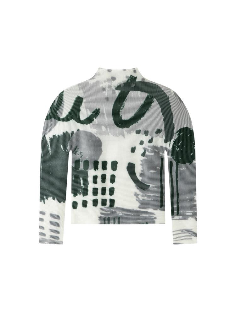 Женская футболка с высоким воротником и длинным рукавом Miyake Pleats - Весна/Лето 2026, Абстрактный принт "Зерно кукурузы", Облегающий крой.