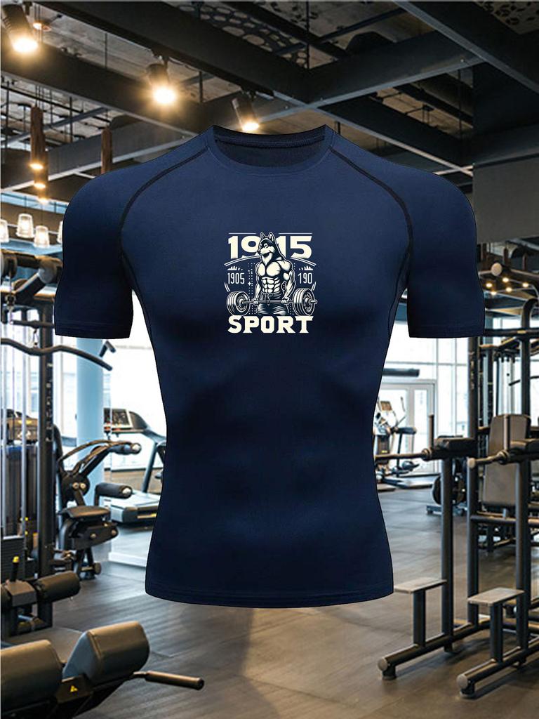 Mens Navy Blue Compression Short Sleeve T-Shirt 1915 Sport Vintage Graphic Quick Dry Breathable High Elasticity Gym And Workout Athletic Top