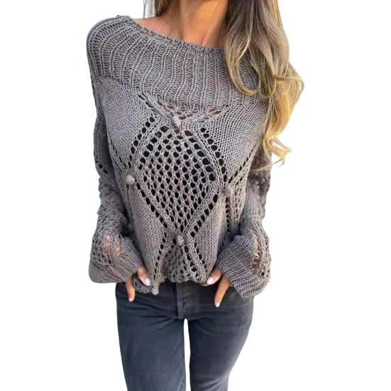 Женский свитер с круглым вырезом и длинным рукавом, ажурный дизайн, жаккардовый декор, вязаные топы, однотонный свободный покрой, повседневный свитер