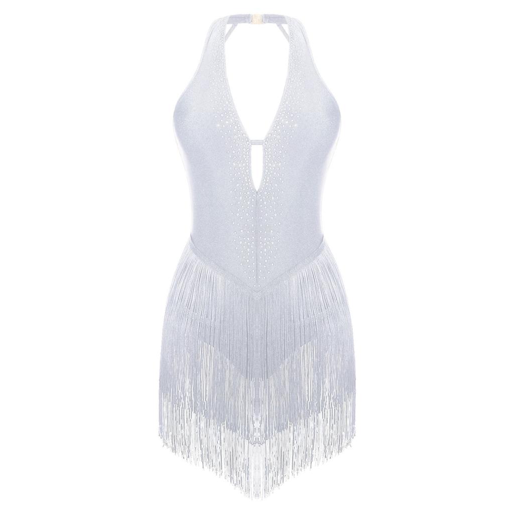 Women's Shiny Rhinestone Tassel Latin Jazz Ballroom Lyrical Dance Dress Fringed Leotard Bodysuit