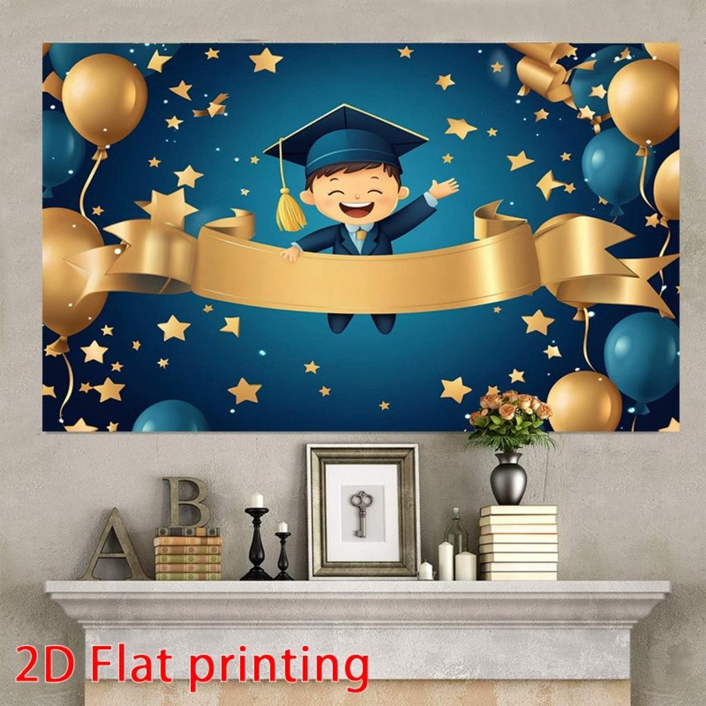 2D 1 piece of cheerful graduation banner made of polyester featuring a school cap and graduation certificate patterns