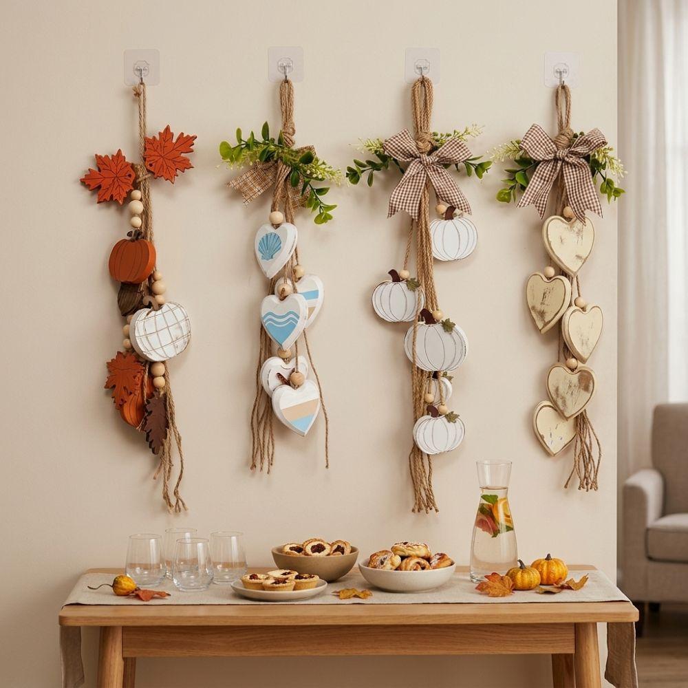 Distressed Pumpkin Door Hanger Fall Maple Leaf Heart String Pendant Layered Wall Decor Indoor