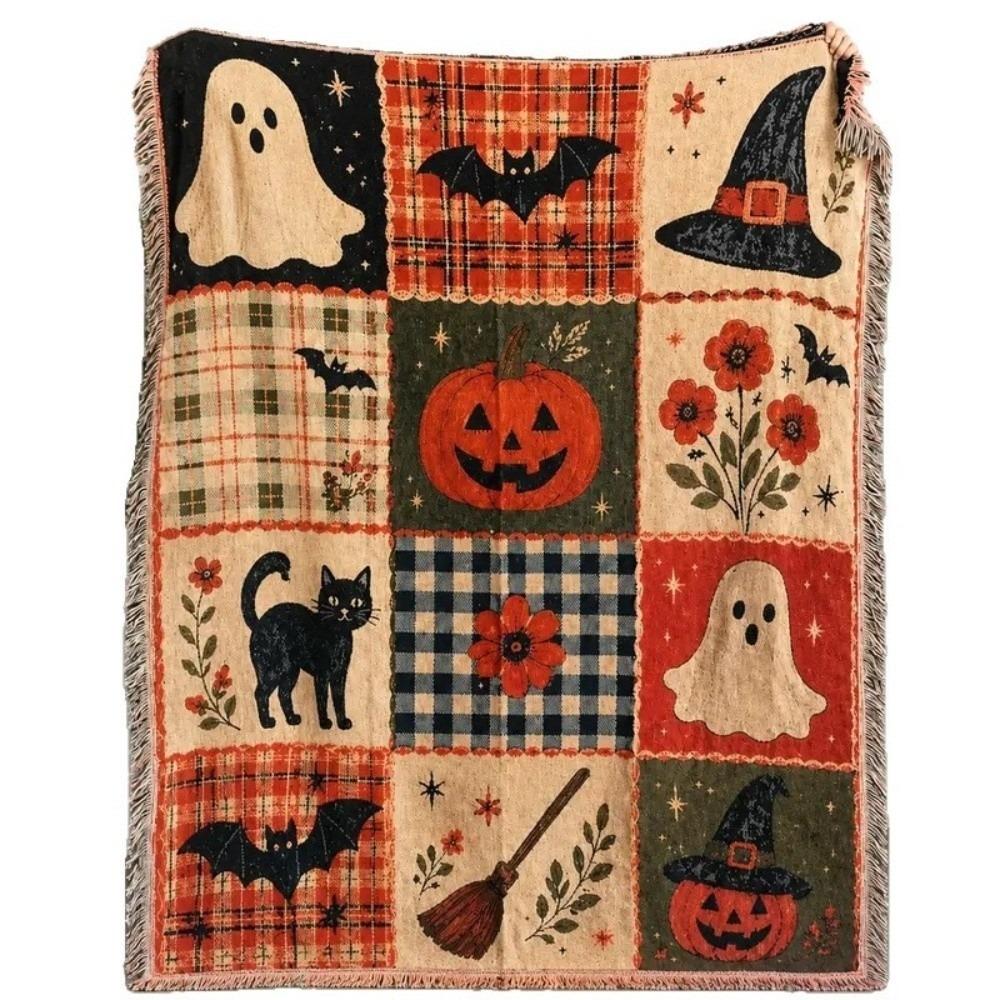 Vintage Halloween Patchwork Blanket Warm Ghost Throw Blanket Pumpkin Ghost Blanket Bedroom