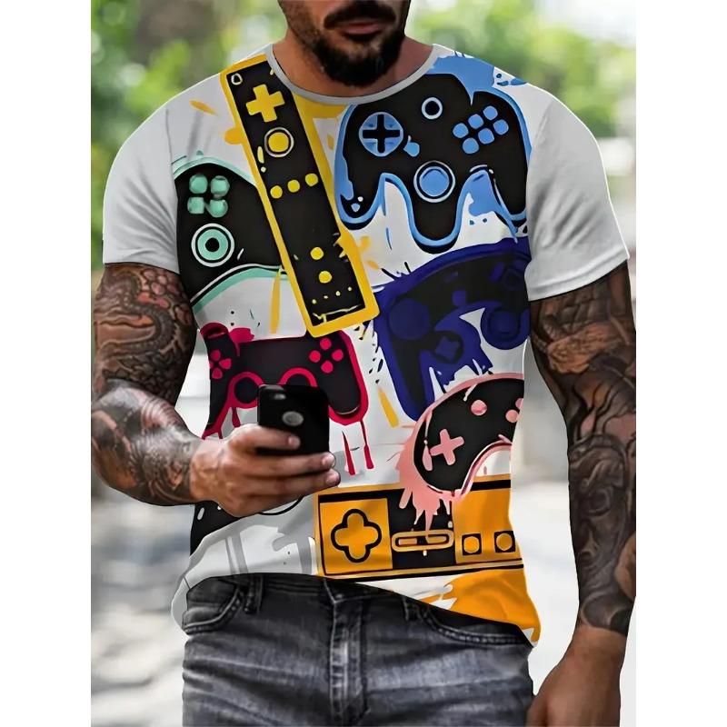 3D Digital Print Men's Casual Vibrant Neon Game Controller Design T-Shirt New In Crew Neck Short Sleeve Gamer T Shirt For Men