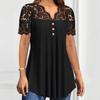Women's Casual Shirt, Black Lace Stitching, Decorative Buttons, Folding Waist Top, Short-sleeved Solid Color T-shirt