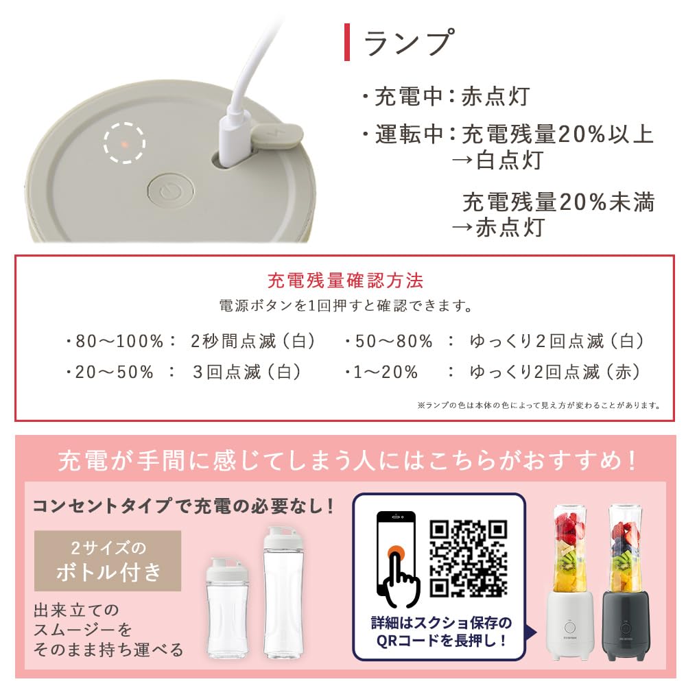 Iris Ohyama Mixer Cordless Mixer Juicer Hand Mixer Blender Small Easy to Clean Can Crush Ice Can Be Used Anywhere Smoothie Fruit Mocha Lightweight USB