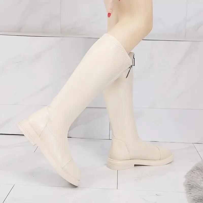 Эластичные сапоги до колена Женские Большого размера Теплые На плоской подошве Длинные сапоги для женщин Весна 2025 Шикарные и элегантные Гяру Y2k Пу Тренд 39