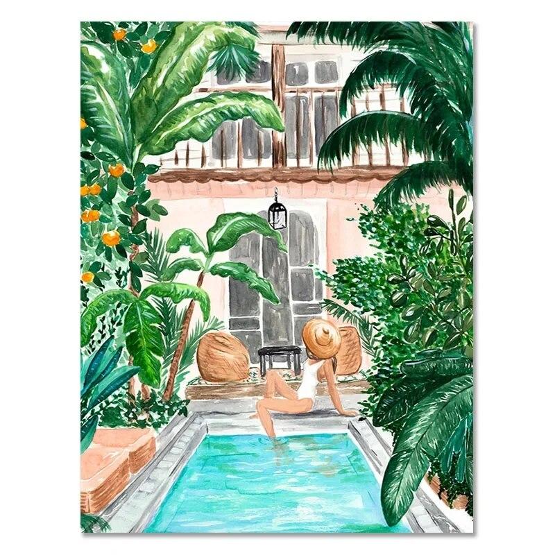 Пляжный бассейн, марокканские тропические джунгли, качели, луг, настенная живопись на холсте, постеры и принты, настенные панно для декора гостиной