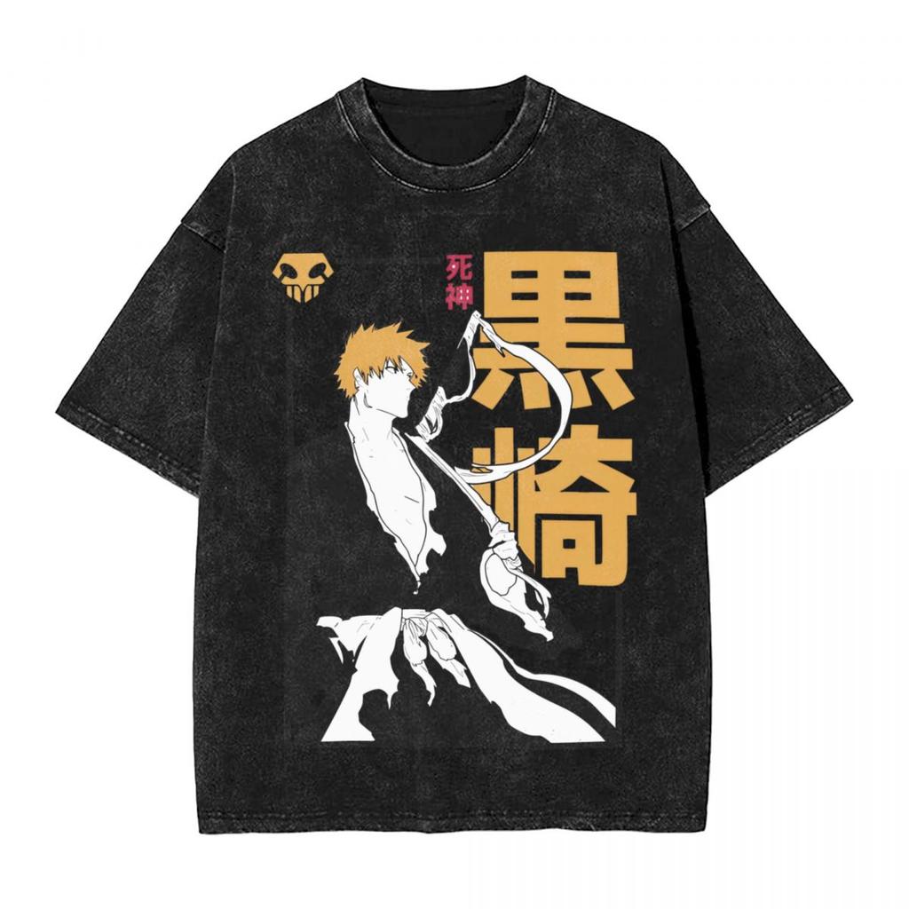 Bleach Kurosaki Ichigo Manga Print Tshirt Vintage Washed Oversized T Shirt Men Women Clothing Casual Cotton Short Sleeve Tees