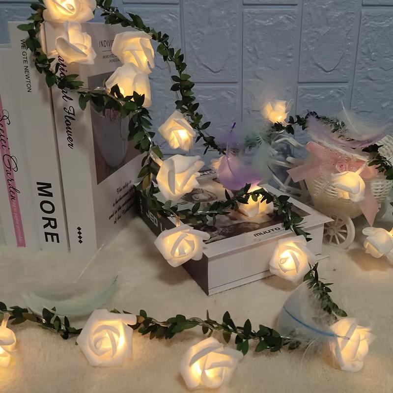 Artificial White Rose rattan light string LED small white flower rattan light string Battery Powered For wedding balcony decor