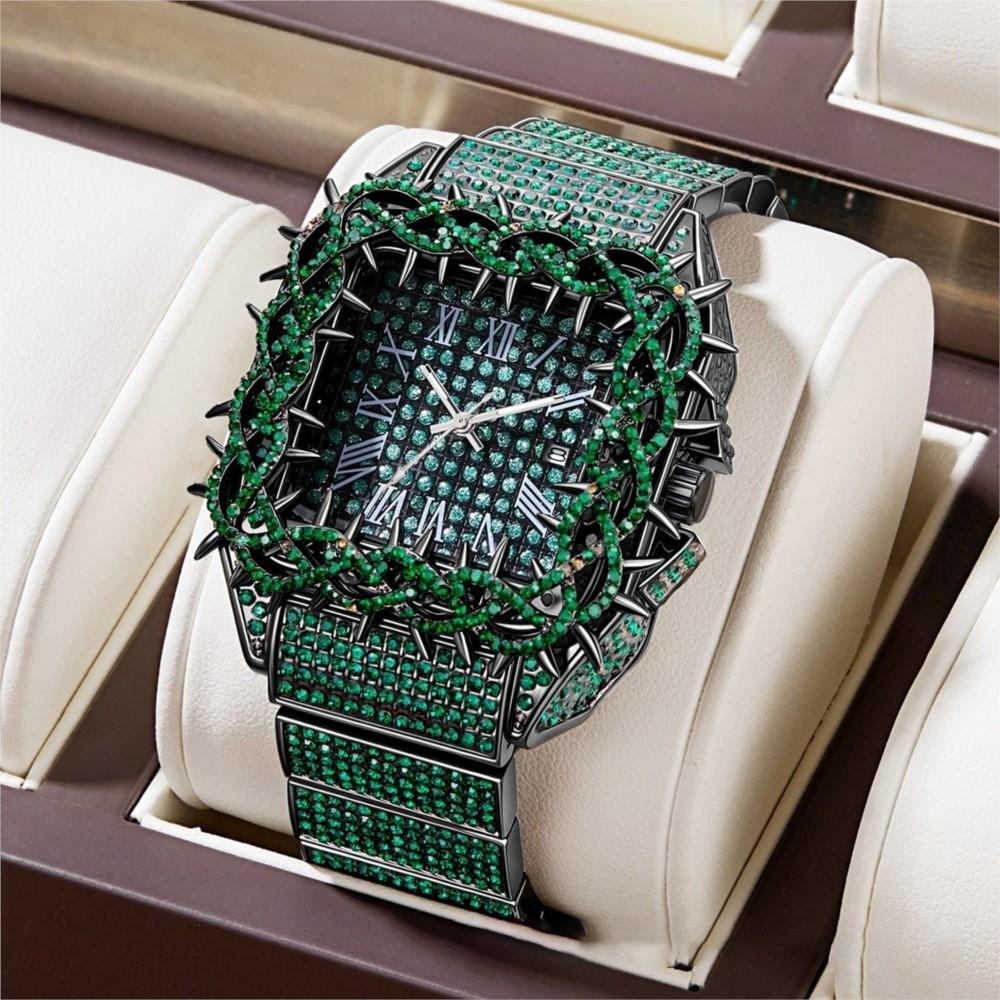 Luxury Crystal Diamond Watch for Men Iced Out Bling Quartz Wristwatch Unique Thorns Frame Design Arabic Numerals Dial Date Clock