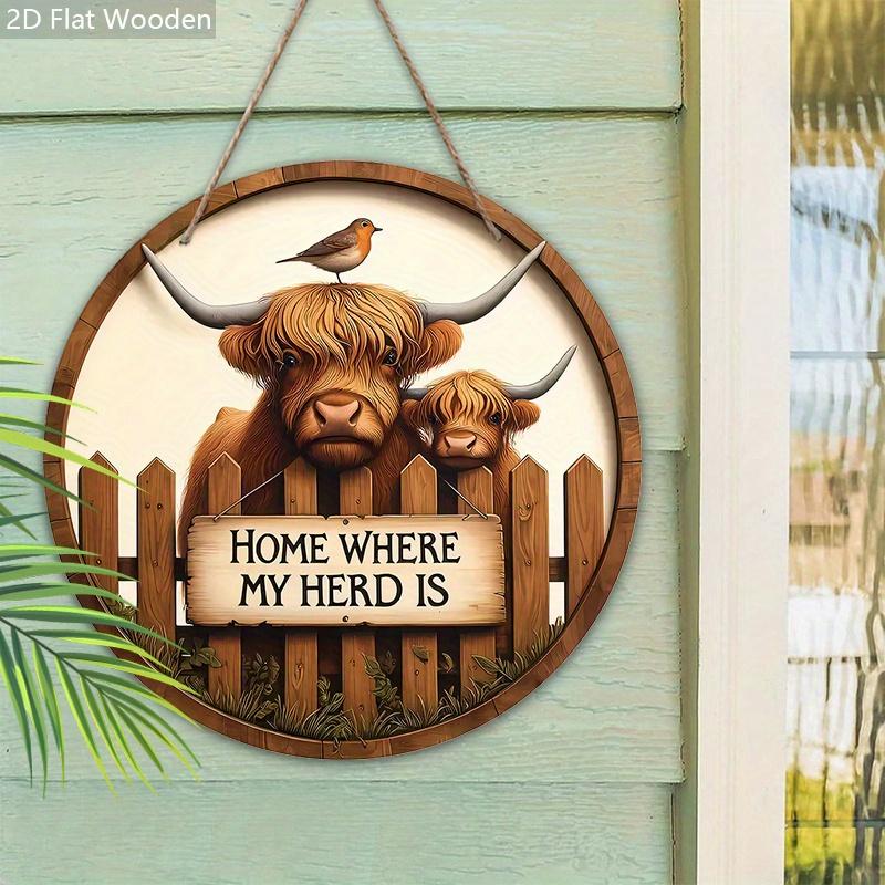 Деревянная приветственная табличка с дизайном шотландской высокогорной коровы - Рустикальная декоративная табличка для фермерского дома, входной двери, декора крыльца - Идеальные подарки для семьи