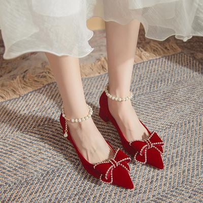 Свадебная обувь женская толстый каблук 2025 новая свадебная ремешок красная не устают ноги свадебное платье показ одежда два способа носки туфли на высоком каблуке