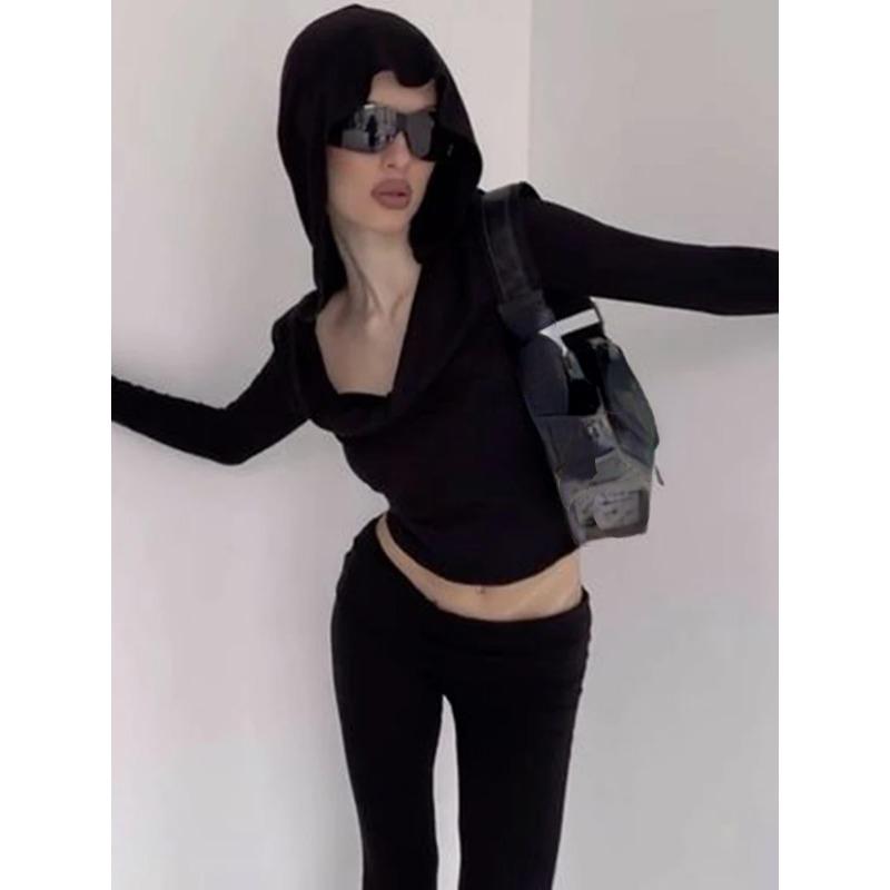 Элегантная модная готическая однотонная укороченная футболка с капюшоном, темные тонкие футболки с разрезом на шее и длинными рукавами, женские футболки 2023, летняя уличная одежда