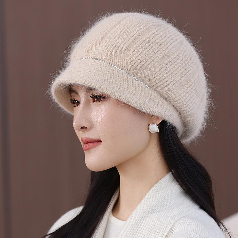 Mom's rabbit fur double-layer thickened warm knitted hat, women's autumn and winter middle-aged and elderly grandma newsboy hat, ear protection hat