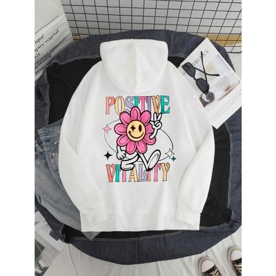 Позитивная жизненность, улыбающийся цветок, женская толстовка, модная повседневная, с капюшоном, винтажная, свободная, корейская, флисовая, теплая, женская одежда