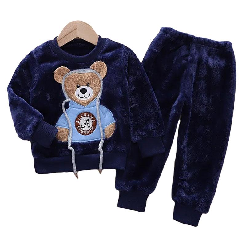 Autumn Winter Baby Boy Flannel Pajamas Sets Plush Hooded Jacket 2pcs Children's Casual Outfit Suits Kids Velvet Tracksuit Toddler Girl Clothing