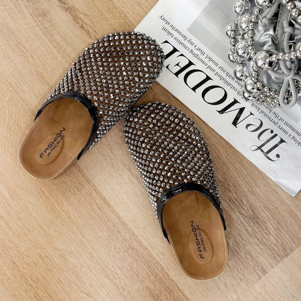 2025 лето стразы полные бриллианты рыболовная сетка баотоу большая голова баотоу полушлепанцы сандалии toboken обувь на плоской подошве женская обувь