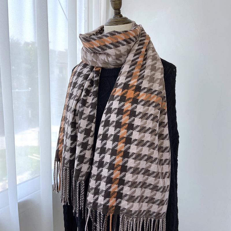 New Houndstooth Scarf for Women In Winter Versatile Korean Style Imitation Cashmere Autumn and Winter Warm Thickened Scarf Shawl Trendy