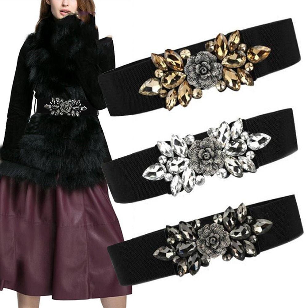 Rose Flower Elastic Cummerbunds Korean Style Rhinestone Waist Belt Fashion Women Waistband Dress