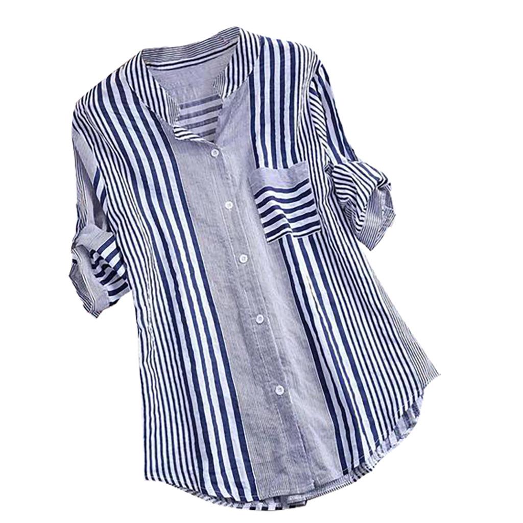 Plus Size Womens Three Quarter Striped Print V-Neck Loose Fit Top T-Shirt Blouse