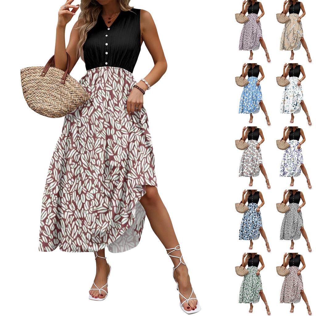 Women's Casual And Fashionable V-neck Sleeveless Printing Mid Length Dress