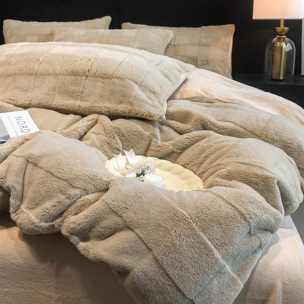 Solid Color Rabbit Fleece Four-Piece Set, Thickened Milk Fleece Bed Sheet Quilt Cover, Three-Piece Bed Set, Fleece Quilt Cover