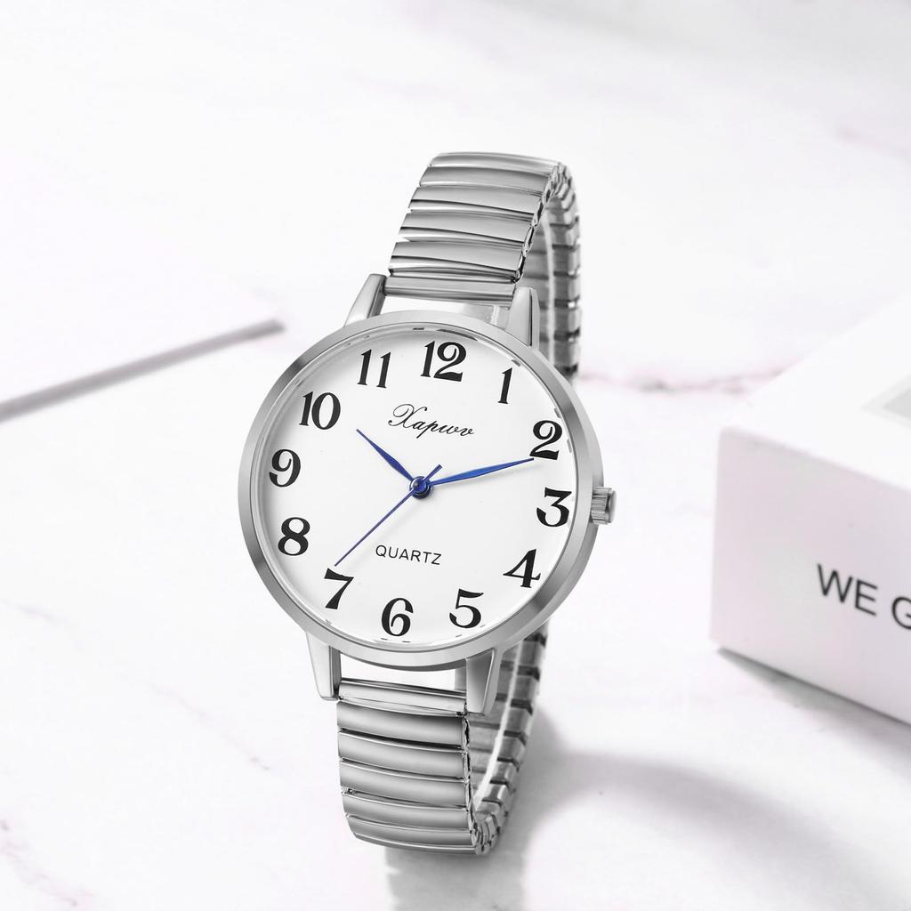 Large Elastic Free Quartz Fashion Gift for Lover Women's Watch, Numbers, Analog, Belt, Size, Simple, Stylish, Watch, Silver, Women's Accessory,