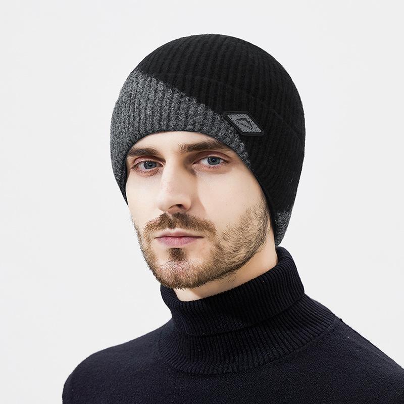 Winter Color Matching Wool Warm Thick Knitted Hat Men's Outdoor Riding Cold-Proof Ear Protection Wool Hat Two-Piece Set