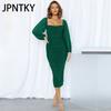 JPNTKY Женская мода Осень Зима Однотонный принт Длинный рукав U-образный вырез Завышенная талия Повседневные платья