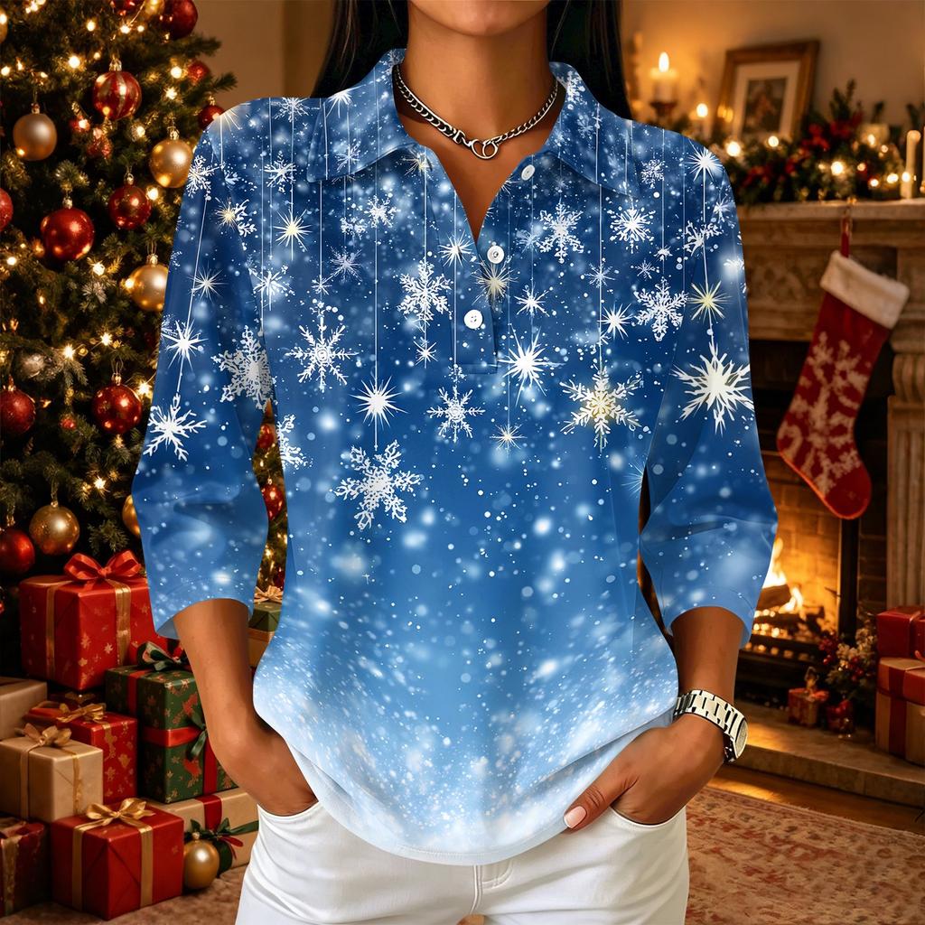 Женская повседневная рубашка на пуговицах с рождественским принтом, блузка с рукавом три четверти и воротником для праздничных нарядов