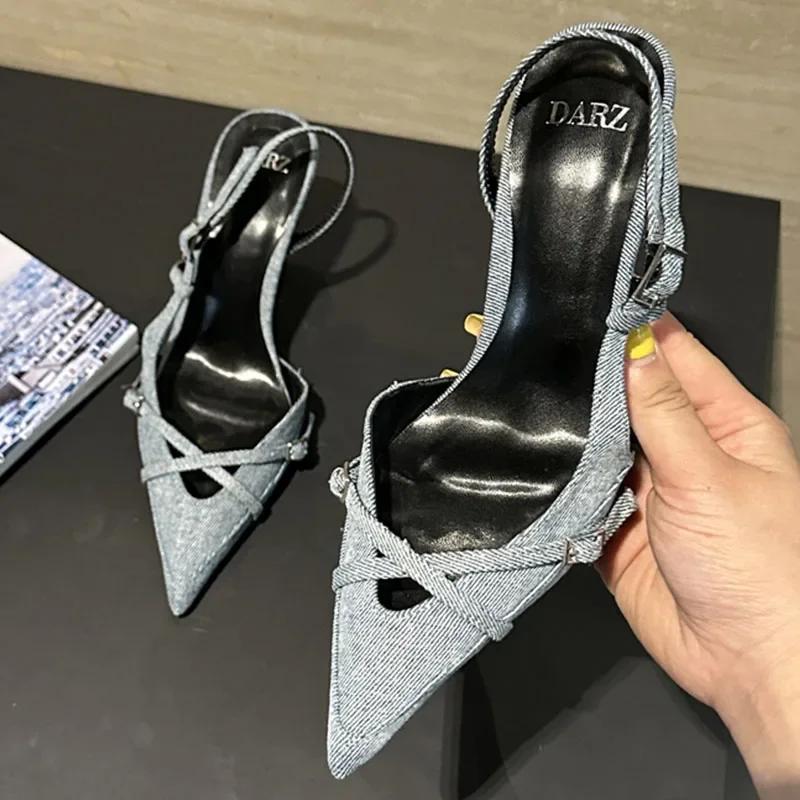2024 Лето Новые Брендовые Женские Сандалии Модные Острые Носки Неглубокие Туфли Без Застежки Тонкие Высокие Туфли-Лодочки Туфли Новые Женские