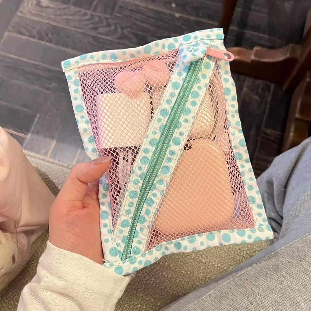 Wide Opening Dot Grid Storage Bag Korean Style Mesh Makeup Bag Small Item Storage