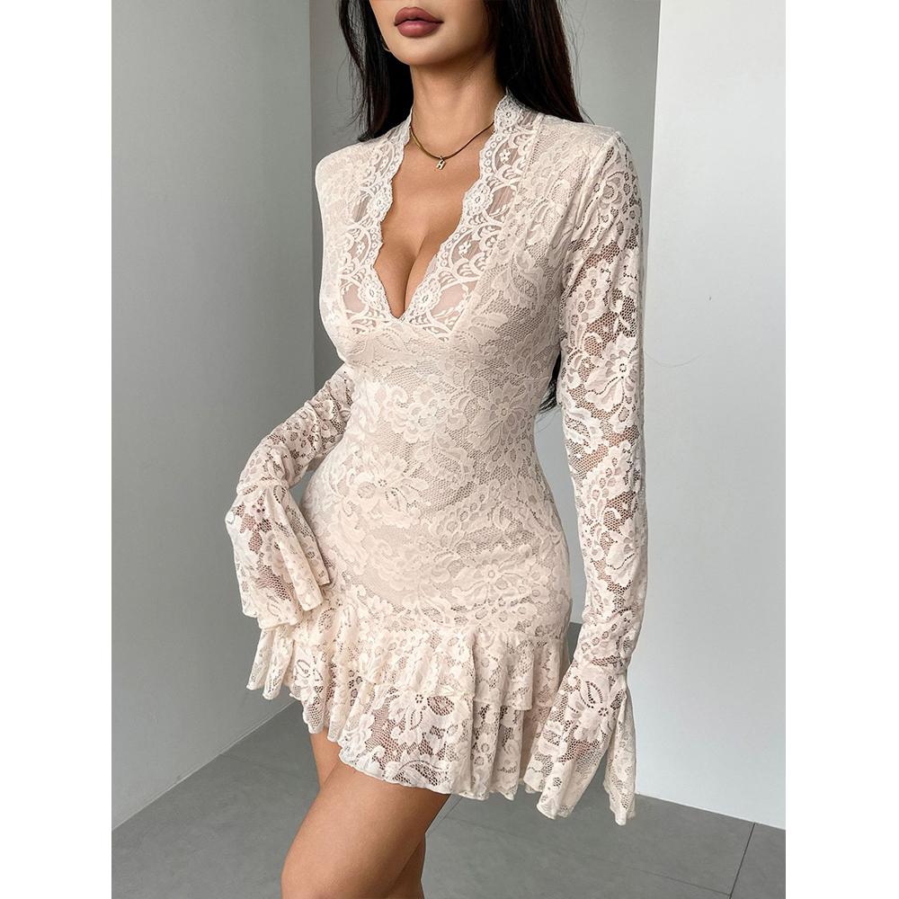 Женское мини-платье Y2k с цветочным кружевом, сексуальным глубоким V-образным вырезом, длинными рукавами и многослойным мини с оборками по подолу