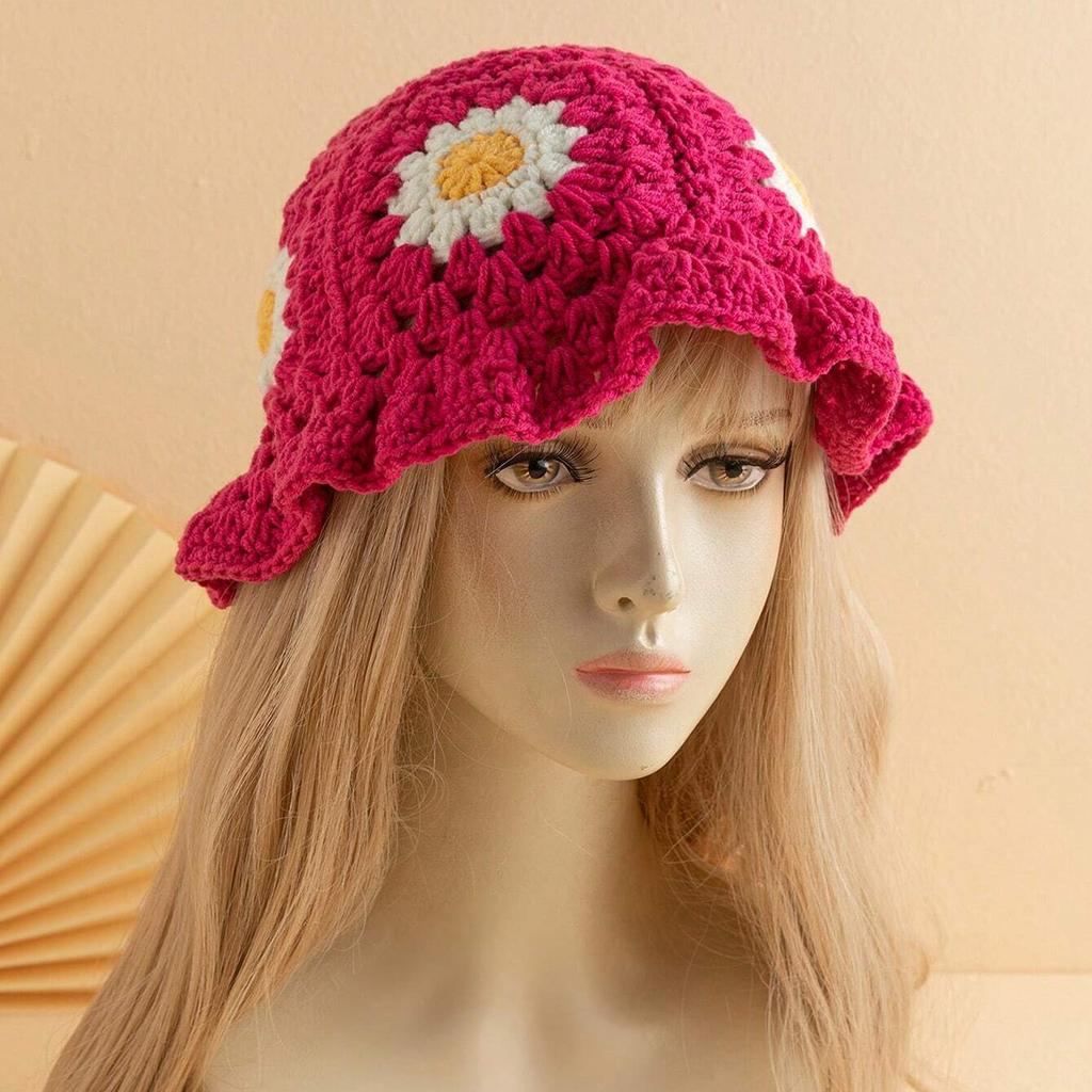 Handmade Crochet Flower Bucket Hat for Girls Korean Fisherman Hat Travel Beach Panama Cap Knitted Hat Winter Beanie Cap