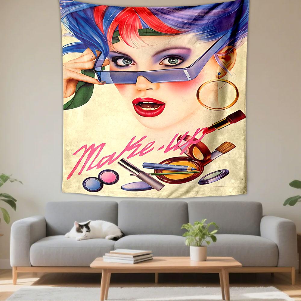 A vibrant portrait of a stylized woman with makeup tools and bold text. Patterned tapestry for bedroom and living room home decor