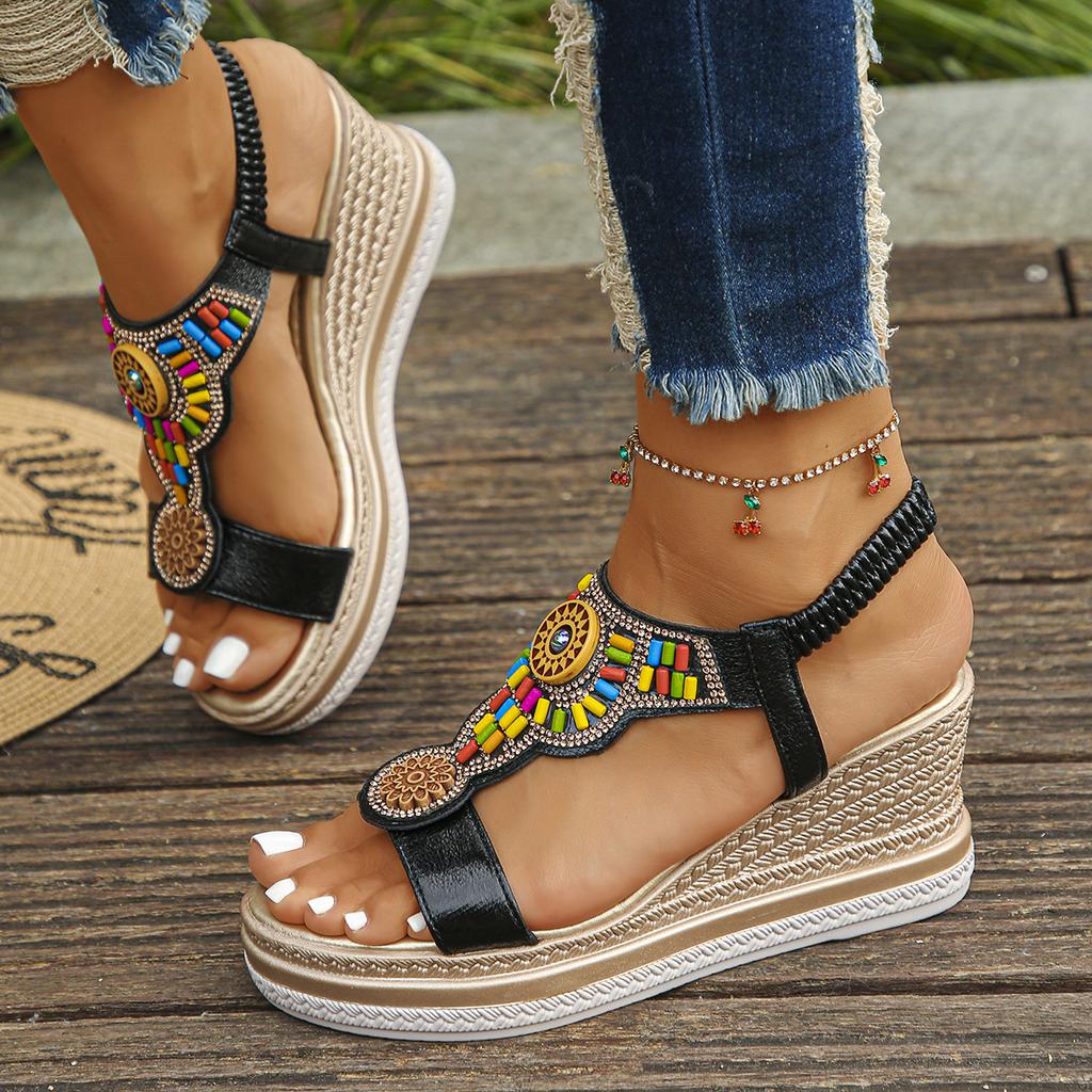 Fashion Women Sandals Bohemian Style Wedge Sandals Summer Thick Sole Non Slip Beach Shoes Woman Colorful Bead Chunky Platform Sandals