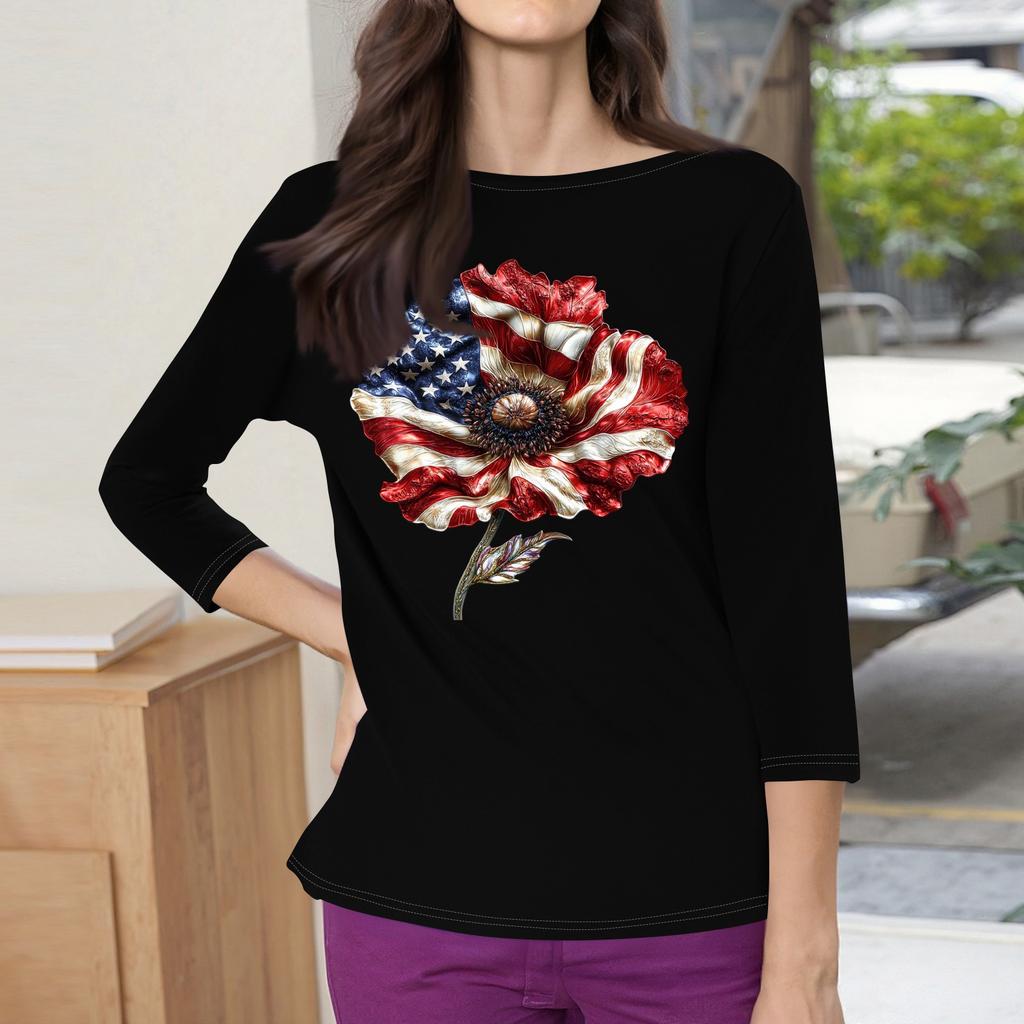 3/4 Sleeve Tops For Women T-Shirt Casual Print Tops T Shirt Round Neck Pullover Blouse
