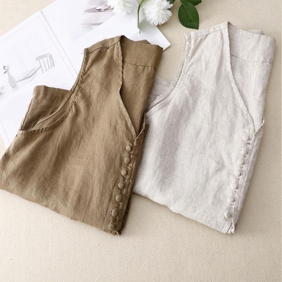 Хлопково-льняной жилет для женщин летний без рукавов кардиган повседневный на пуговицах короткая куртка