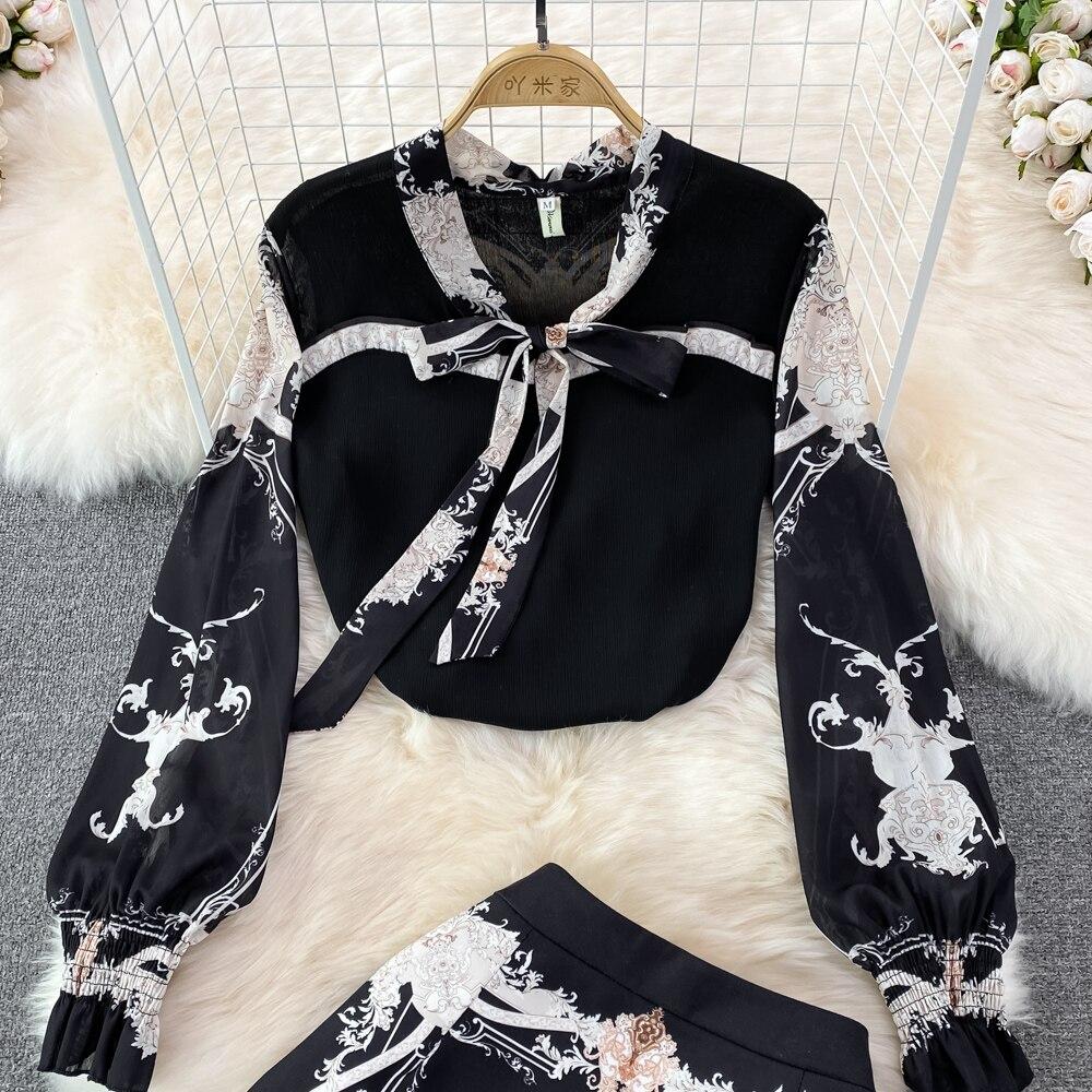 Модный костюм темперамент знаменитости Офисный профессиональный блузка из шифона с бантом комплект из двух предметов юбка с завышенной талией и облегающая бедра весна