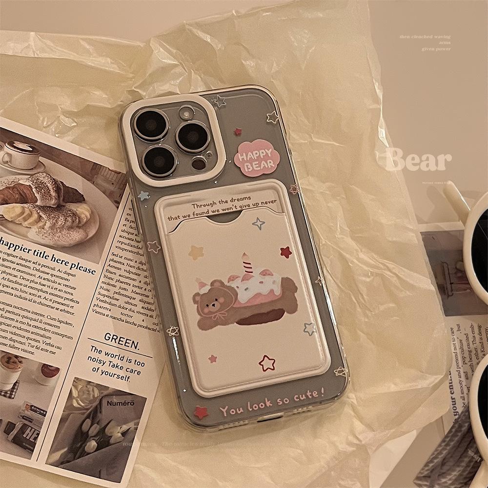 Korean Style Bear Cake Card Bag Suitable for Apple 15promax Mobile Phone Case IPhone 14 Transparent Full Package