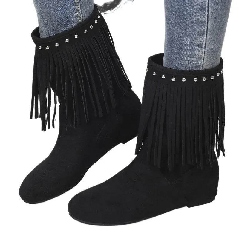 Ladies Shoes 2024 High Quality Slip-on Women's Boots Tassel Modern Boots Women Winter Rivet Solid Mid-Calf Boots Zapatos