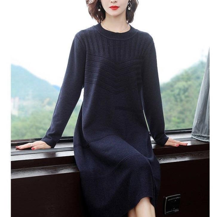 Вязаное платье-свитер до колен для женщин, осенне-зимнее, стильный пуловер средней длины и однотонное вязаное платье-пуловер с длинным рукавом