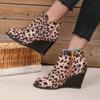 Women's Retro Large Shoes Leopard High Heels 2024 Autumn Winter New Slope Heel Round-toe Short Boots Wedge Ankle Boot for Women